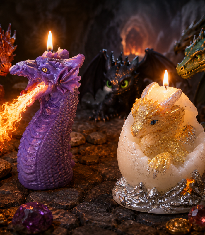 Bougies parfumées et colorées. 
Cire de soja, mèche en coton, décor peint à la main. 
Dragon : 100 g, largeur ~ 6 cm, hauteur ~ 10 cm
Oeuf : 258 g, largeur ~ 7,5 cm, hauteur ~ 8,5 cm