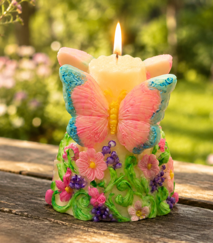 Bougie parfumée et colorée.
Cire de soja, mèche en coton, décor peint à la main.
150 g, diamètre ~ 6 cm, hauteur ~ 7,5 cm